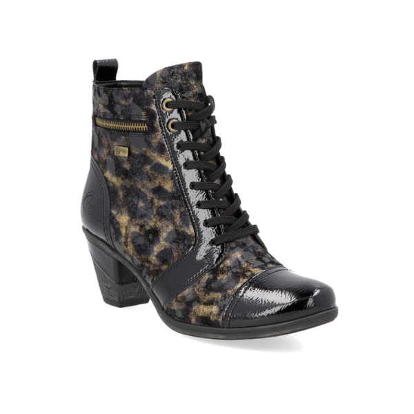 Women's Remonte D8797 heeled ankle boot in black and tan leopard print leather with lace-up front, side zipper, and block heel.