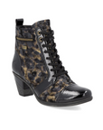 Women's Remonte D8797 heeled ankle boot in black and tan leopard print leather with lace-up front, side zipper, and block heel.