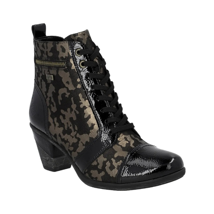 Women's Remonte D8797 heeled ankle boot in black and tan leopard print leather with lace-up front, side zipper, and block heel.