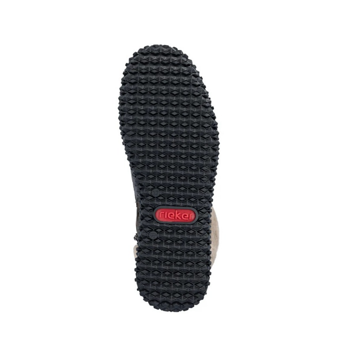 Black treaded outsole with red Rieker logo stamped in middle.