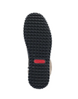 Black treaded outsole with red Rieker logo stamped in middle.