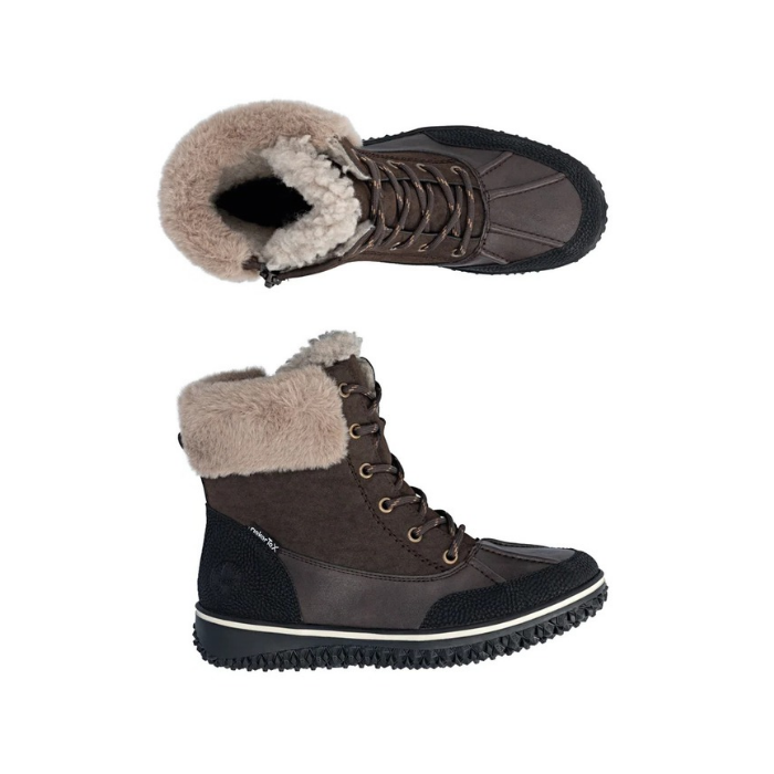 Pair of Brown suede and leather lace-up ankle boots with white fluffy cuff and black treaded outsole.