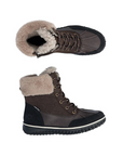Pair of Brown suede and leather lace-up ankle boots with white fluffy cuff and black treaded outsole.