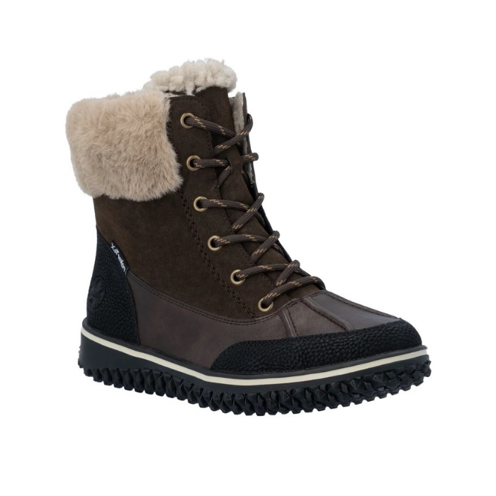 Brown suede and leather lace-up ankle boot with white fluffy cuff and black treaded outsole.