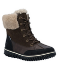 Brown suede and leather lace-up ankle boot with white fluffy cuff and black treaded outsole.