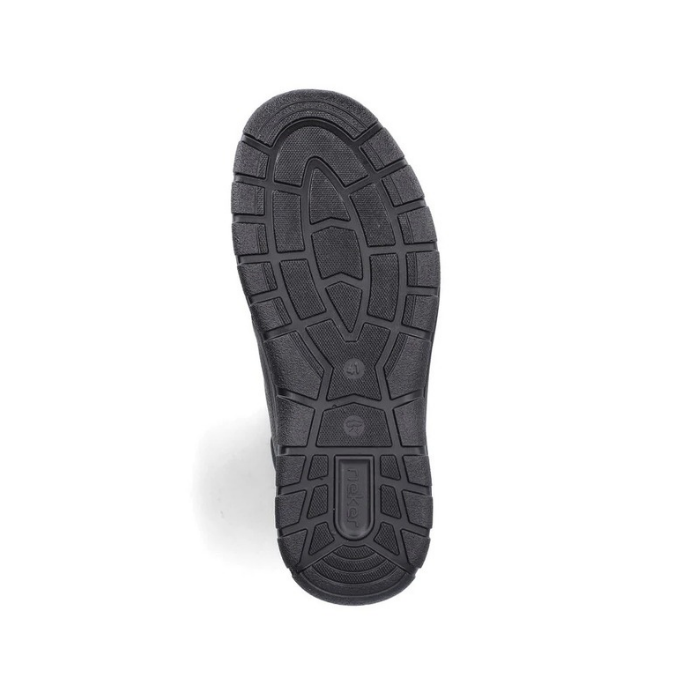 Black outsole with treaded outsole and Rieker logo stamped on heel.