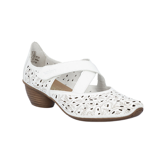 White floral accented perforated Mary-Jane heeled shoe with criss-cross straps and low stacked heel.