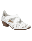 White floral accented perforated Mary Jane heeled shoe with criss-cross straps and low stacked heel.