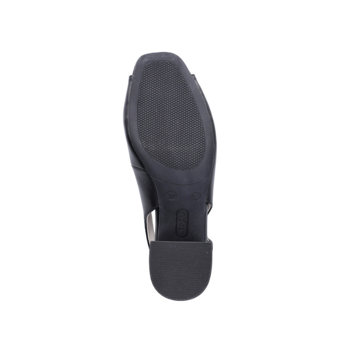 Black light treaded outsole of heeled slingback with Rieker logo stamped in middle.