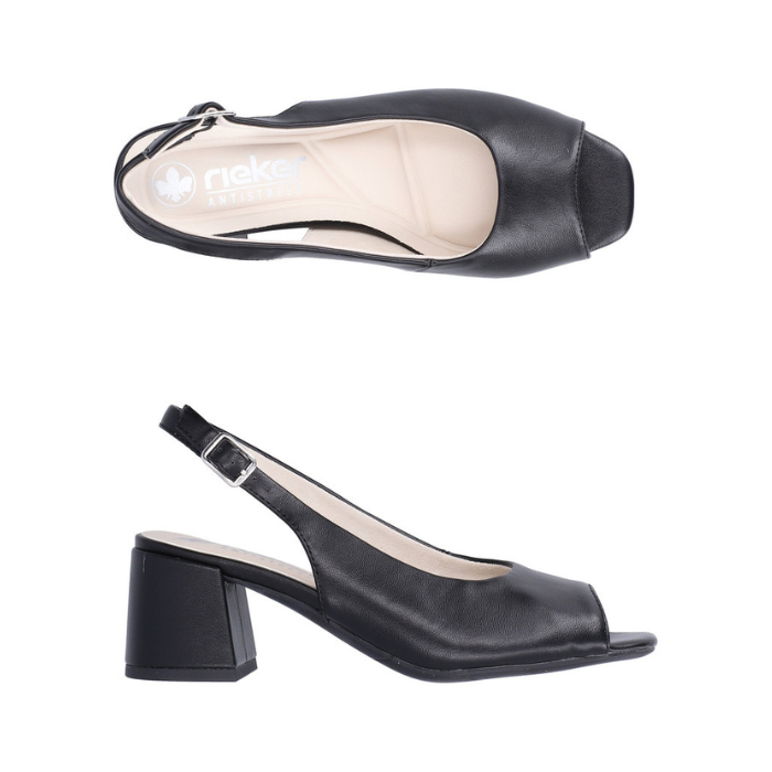 Pair of Black open-toe slingback sandals with tan Rieker logo'd footbed and a block heel.