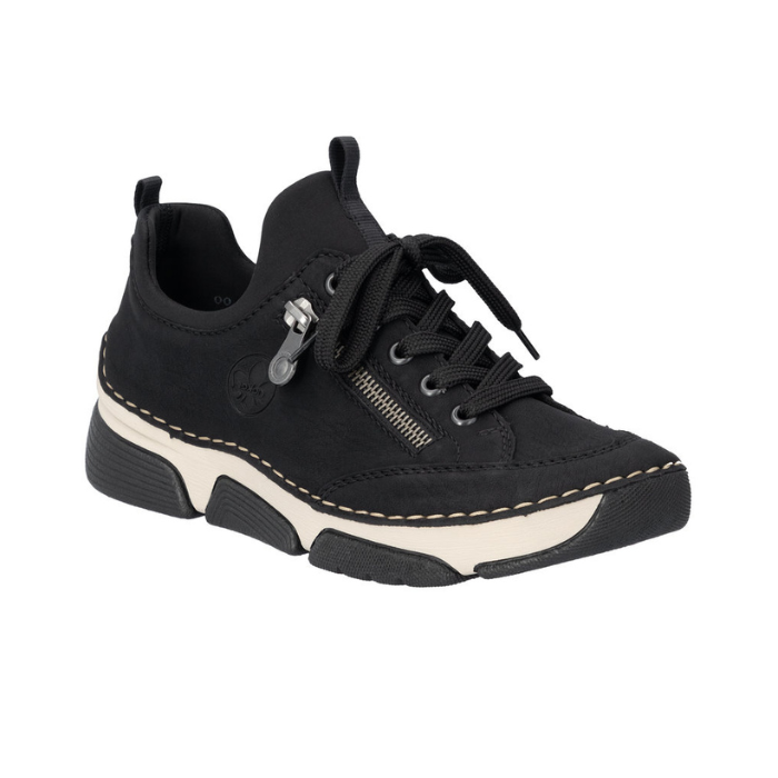 Black sneaker with faux side zipper, accent stitching above the thick white midsole and black outsole.