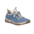 Light blue sneaker with faux side zipper, accent stitching above the thick white midsole and beige outsole.