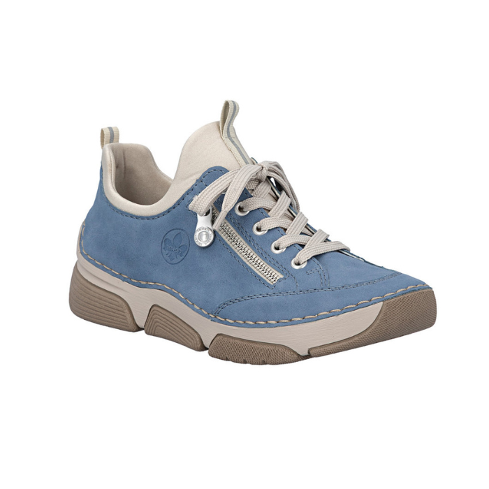 Light blue sneaker with faux side zipper, accent stitching above the thick white midsole and beige outsole.