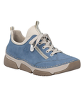 Light blue sneaker with faux side zipper, accent stitching above the thick white midsole and beige outsole.