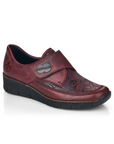 Red Rieker 537C0 women's slip-on shoes with floral embossed design and wedge heel, offering lightweight comfort and fall-ready style.