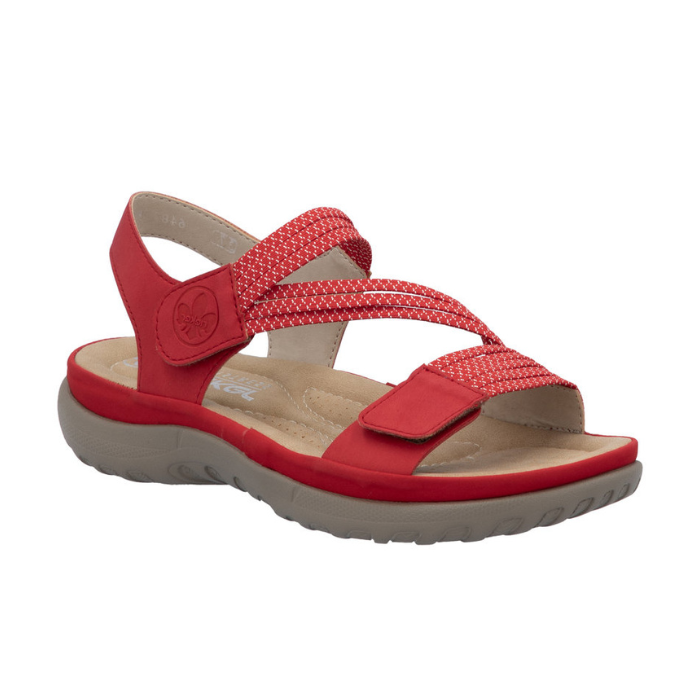 Red Backstrap Sandal with two elastic red with white accent lines  straps with Velcro closures, tan Rieker logo'd footbed and beige outsole.
