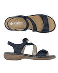 Pair of Navy leather sandals with looping Velcro straps, tan Rieker logo'd footbed and brown outsole.