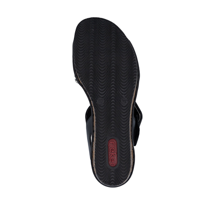 Black light treaded outsole with red Rieker logo stamped on heel.