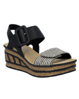 Black wedge sandal with a checkered toe band strap, faux buckle on top Velcro strap and a faux cork wedge midsole with black accent lines.