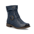 A navy blue slouchy ankle boot with a brown sole and a bronze circular metal ring detail on the side.