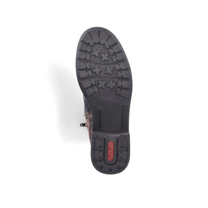 Black treaded outsole with red Rieker logo on heel.