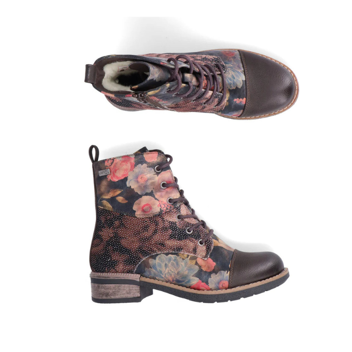 Pair of Floral patterned lace combat boots with, fur lining, low heel and black toe cap.