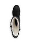 Black boot with white fur lining and two side zippers.