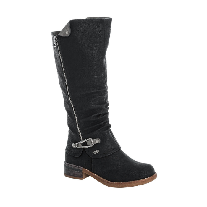 Black knee-high boot with zippers, accent buckle near ankle, scrunched front and a low heel.