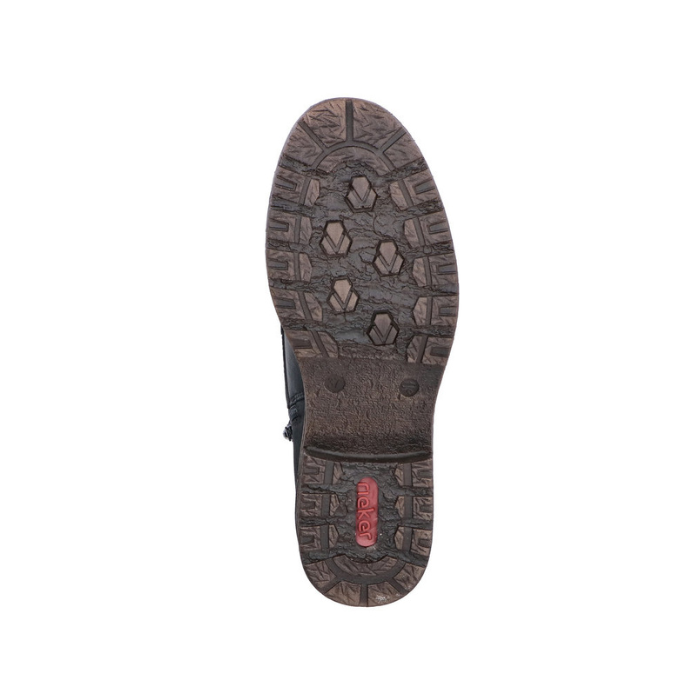 Brown light treaded outsole with red Rieker logo on heel.