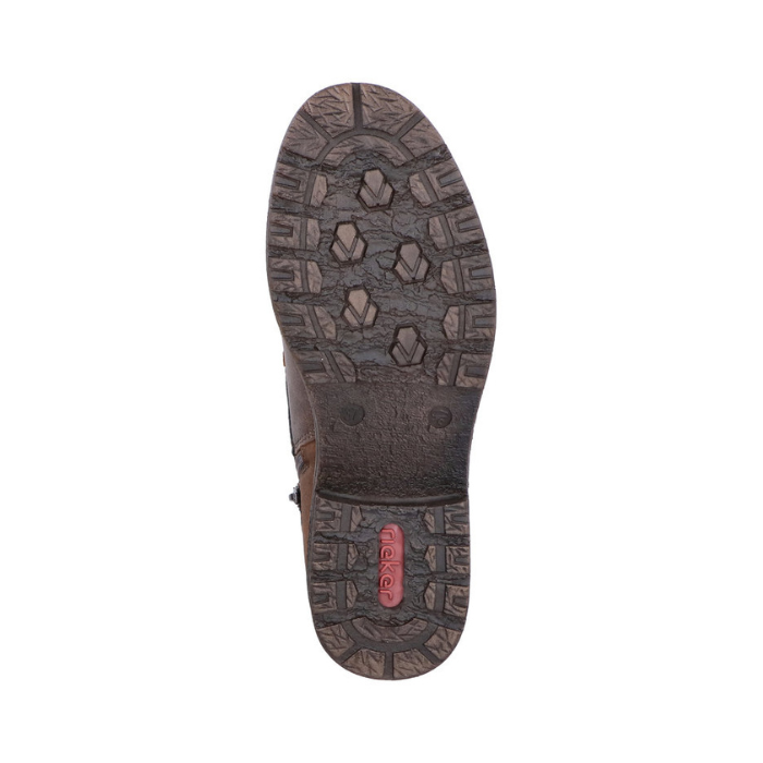 Brown treaded outsole with red Rieker logo on heel.