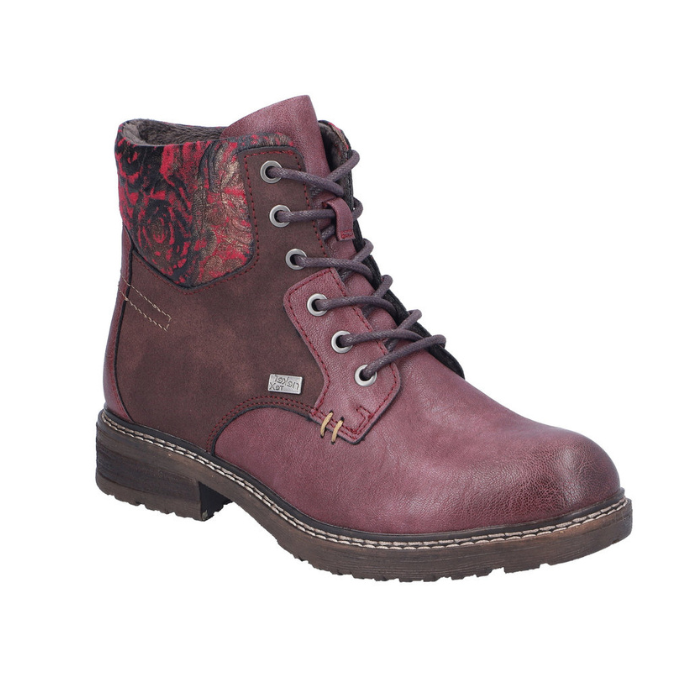 Burgundy lace-up boots with distressed accents, floral cuff, inside zipper and a low heel.