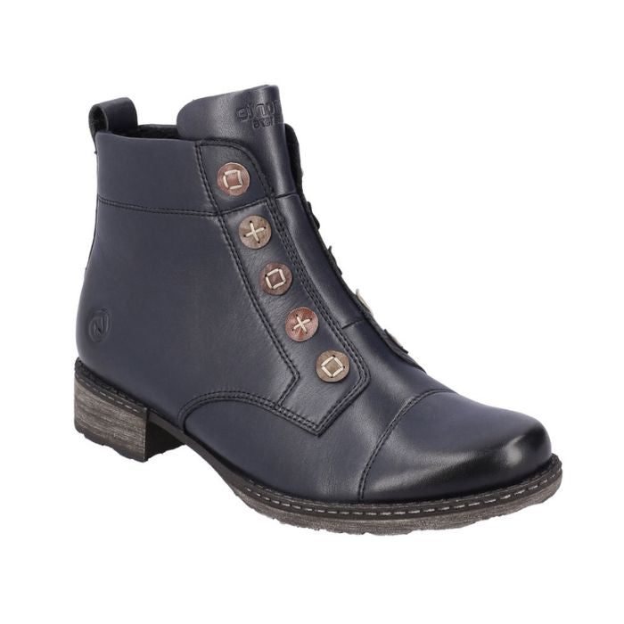 Navy ankle boot with button details on front and low heel.
