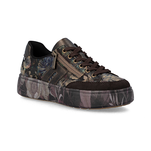 A low-top platform sneaker with dark brown accents, dark brown laces, and a deep purple and brown floral camouflage pattern on the upper and midsole.