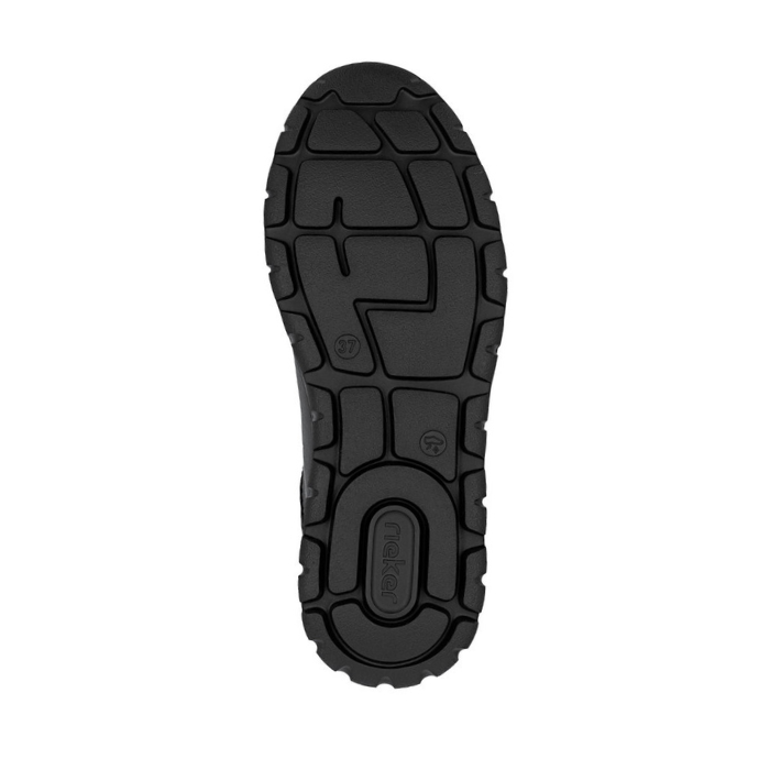 Black treaded outsole with Rieker logo on heel.