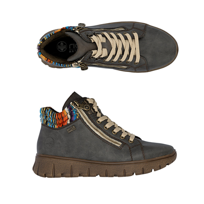 Pair of grey ankle boot with dual zippers, beige laces, multi-color knit cuff and brown  light treaded outsole.
