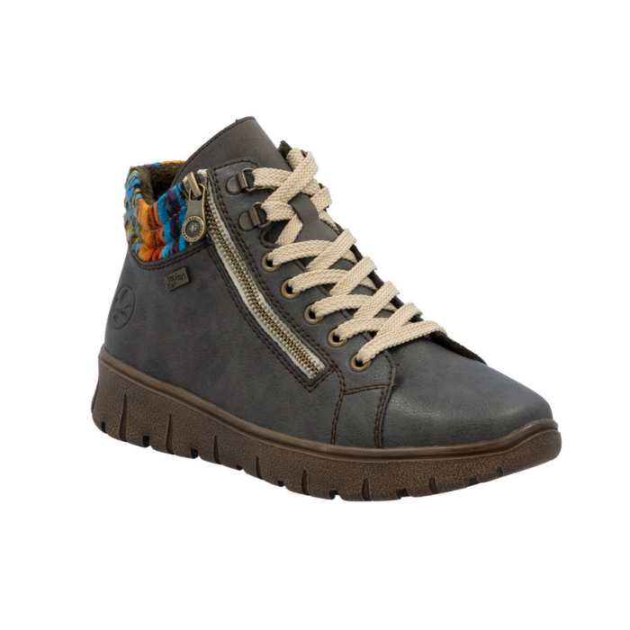 Grey ankle boot with a zipper, beige laces, multi-color knit cuff and brown  light treaded outsole.