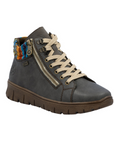 Grey ankle boot with a zipper, beige laces, multi-color knit cuff and brown  light treaded outsole.