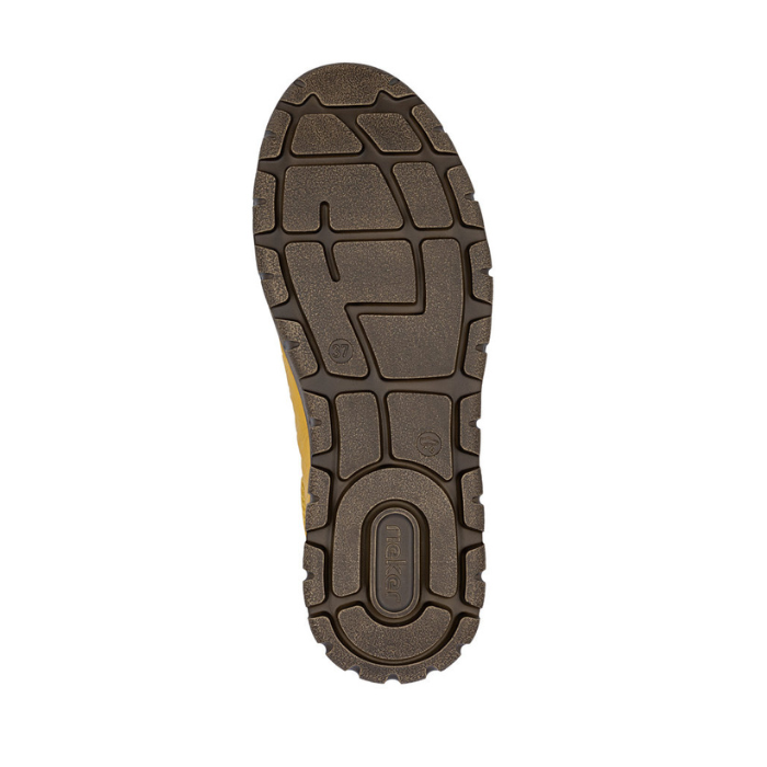 Brown light treaded outsole with Rieker logo on heel.