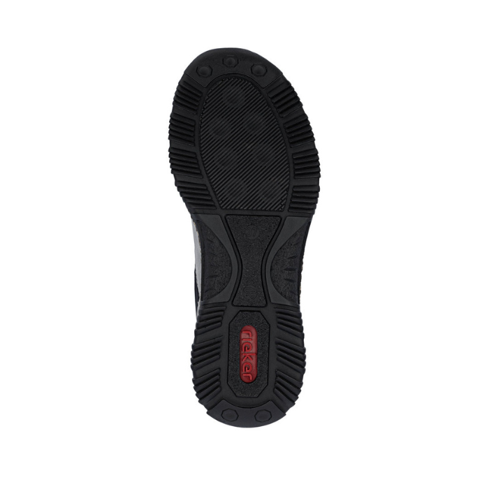 Black light treaded outsole with red Rieker logo on heel.