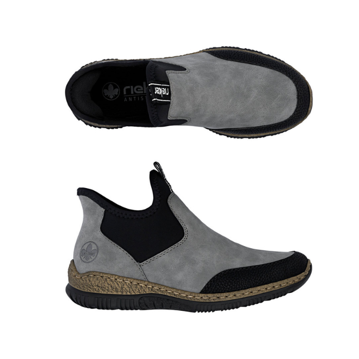 Pair of Gray step-in ankle boots with black accents, brown midsole and black outsole.