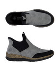 Pair of Gray step-in ankle boots with black accents, brown midsole and black outsole.