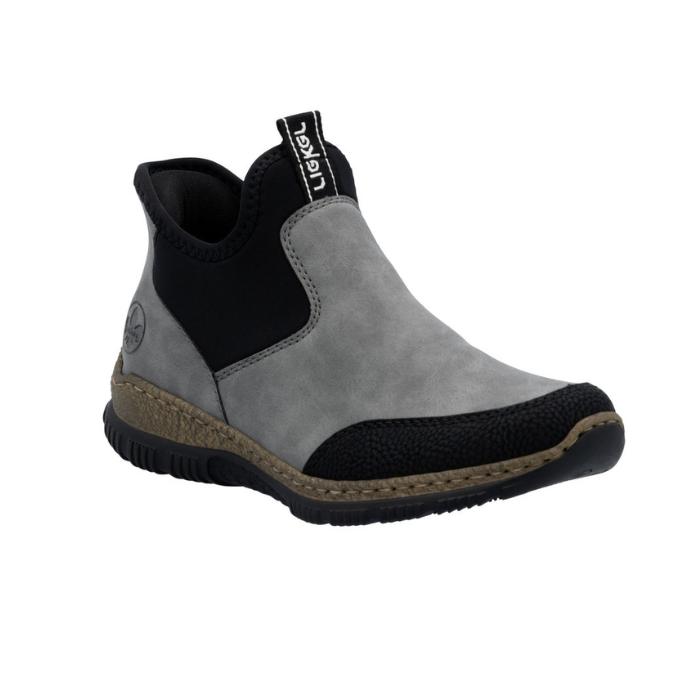 Gray step-in ankle boot with black accents, brown midsole and black outsole.