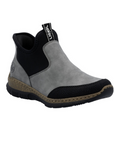 Gray step-in ankle boot with black accents, brown midsole and black outsole.