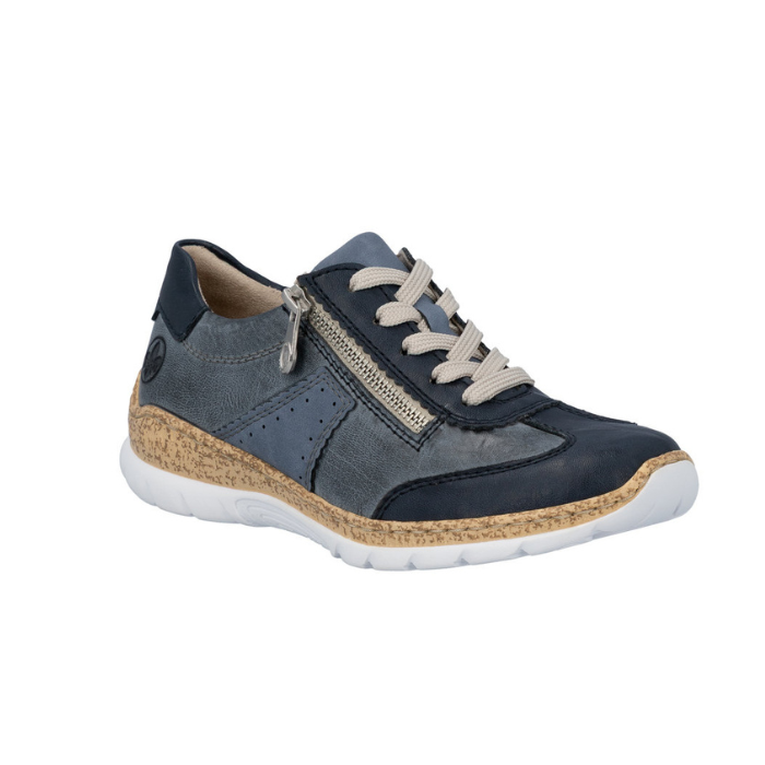 Navy sneaker with light blue accent panels, beige lace, side zipper, faux cork midsole and white outsole.