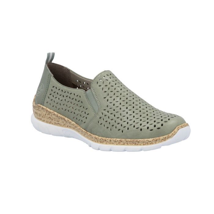 Green perorated slip-on shoe with faux cork midsole and white outsole.