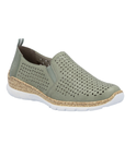 Green perorated slip-on shoe with faux cork midsole and white outsole.