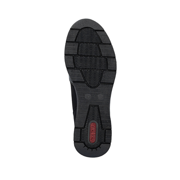 Black light treaded outsole with red Rieker logo on heel.