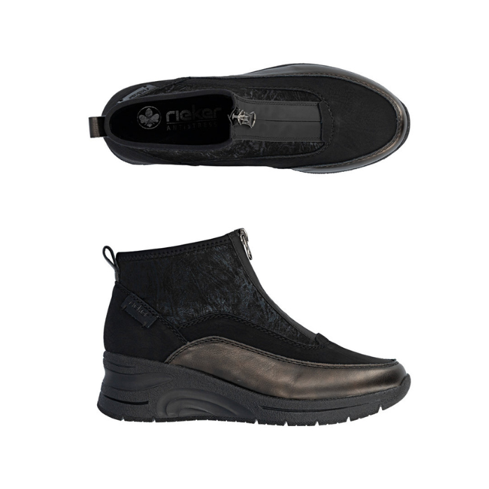 Pair of black sneaker ankle boots with front zipper, brushed accent upper, bronze accent and black wedge outsole.