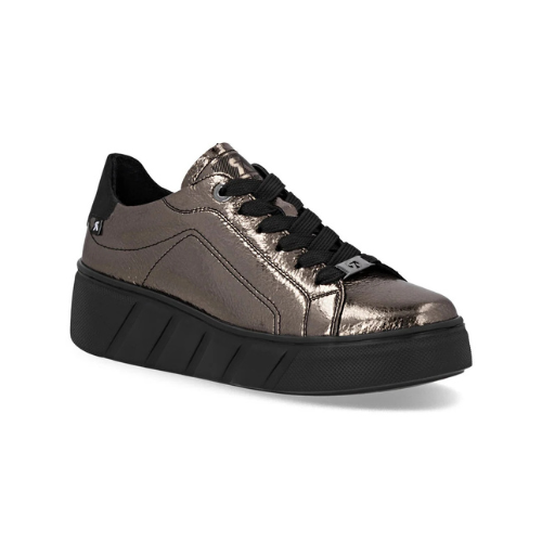 Metallic bronze sneaker with thick black laces, black heel cap, accent stitching and thick black platform outsole.