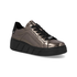 Metallic bronze sneaker with thick black laces, black heel cap, accent stitching and thick black platform outsole.